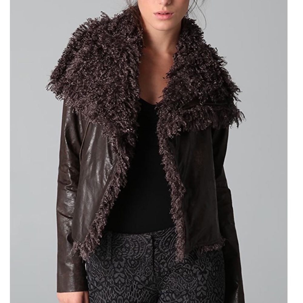 Georgie Mayra Faux Leather Moto Jacket Faux Fur Trim Brown NWT Size S